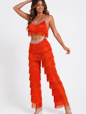 Glamour Orange Tiered Fringe Wide-Leg Jumpsuit
